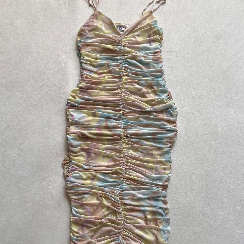 Pastel Y2K Swirl Cocktail Long Dress AFRM Los Angeles Psychedelic Ruched